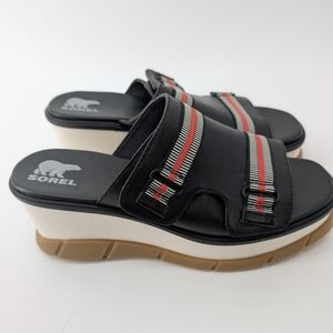 Sorel Black Wedge Slide Sandals with Red and Cream Accents JOANIE III SLIDE